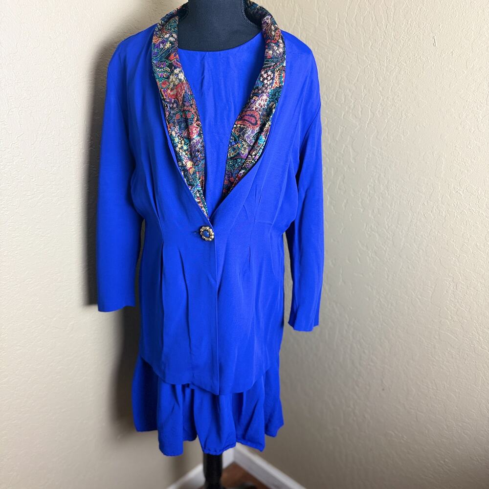 Vintage 80s Positive Influence Blue Dress Blazer Set Brocade Collar USA